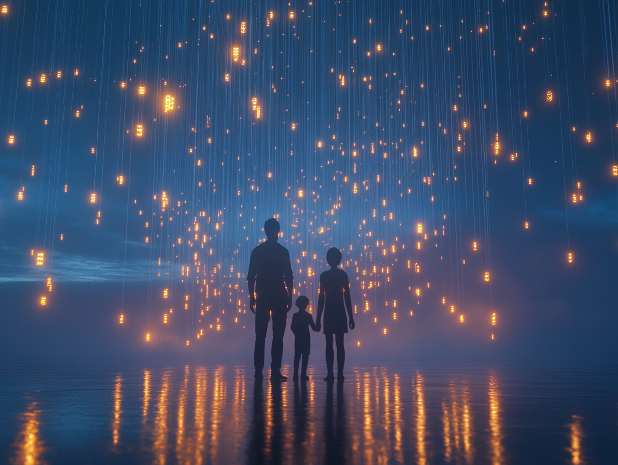 Midjourney prompt: A sophisticated 3D visualization of interconnected calendar interfaces floating between family members silhouettes, modern minimal design, soft warm lighting, gentle particle effects connecting the elements, Apple-style product photography, ultra-detailed, cinematic --ar 4:3 Family Sharing visualization