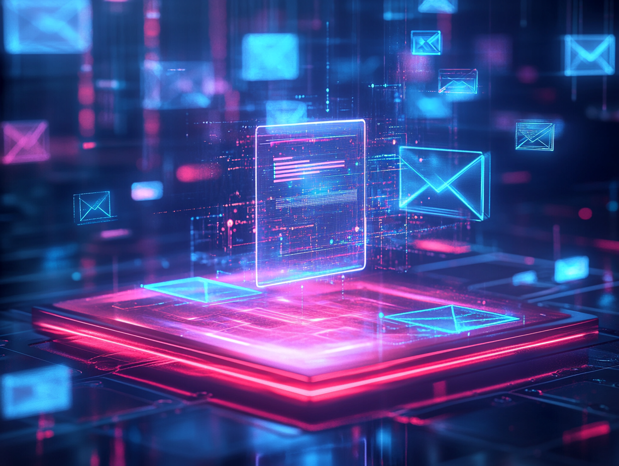 Midjourney prompt: A beautiful 3D visualization of an email transforming into a clean, organized summary with floating highlighted text and icons, soft gradients, dramatic lighting, Apple-style product photography, ultra-detailed, cinematic --ar 4:3 Smart Summary visualization